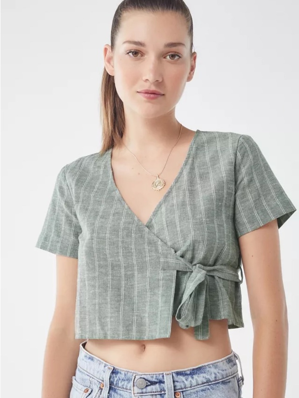 Urban Outfitters Sage Green Striped Wrap Crop Top medium linen